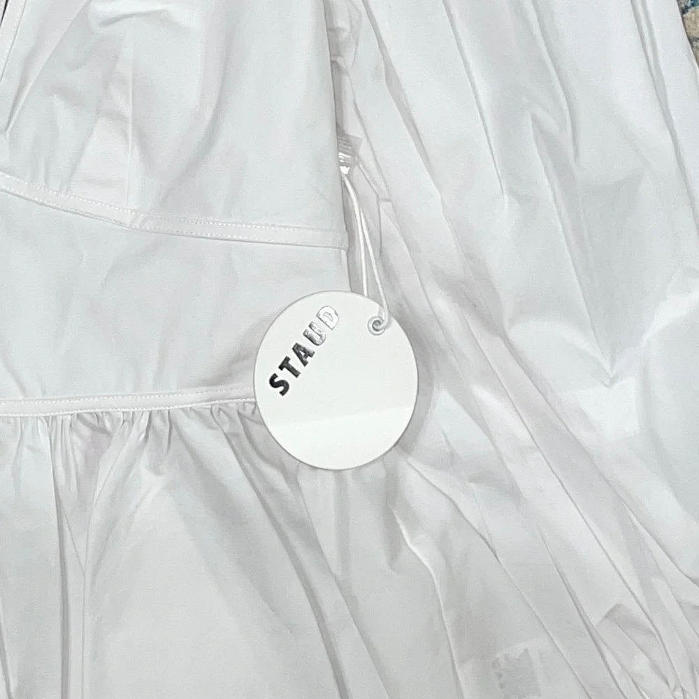 STAUD White V-Neck Peplum Puff Sleeve Blouse